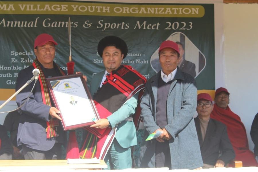 Advisor Zale Neikha being acknowledged as guest at the 57th annual games and sports meet of Kezoma Village Youth Organization at Kezoma Local Ground on January 4. (Morung Photo)